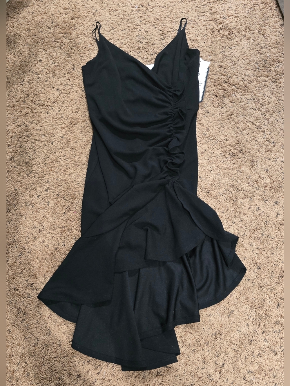 Emerald Sundae Black Ruffled Ruched Slip Dress